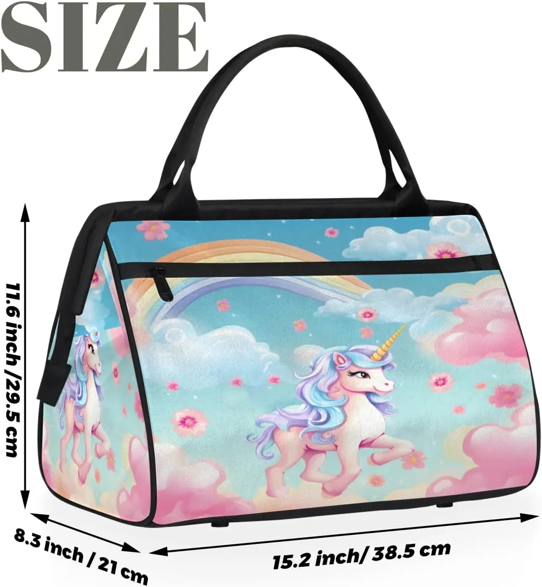 Rainbow Floral Pink Unicorn Duffelbag Waterproof Polyester Overnight Weekend Bags Fitness Travel Sports Bag Airplane Carry-on Bag for Gym Beach Travel Daily Shopping
