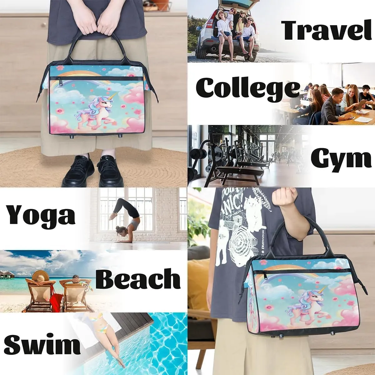 Rainbow Floral Pink Unicorn Duffelbag Waterproof Polyester Overnight Weekend Bags Fitness Travel Sports Bag Airplane Carry-on Bag for Gym Beach Travel Daily Shopping