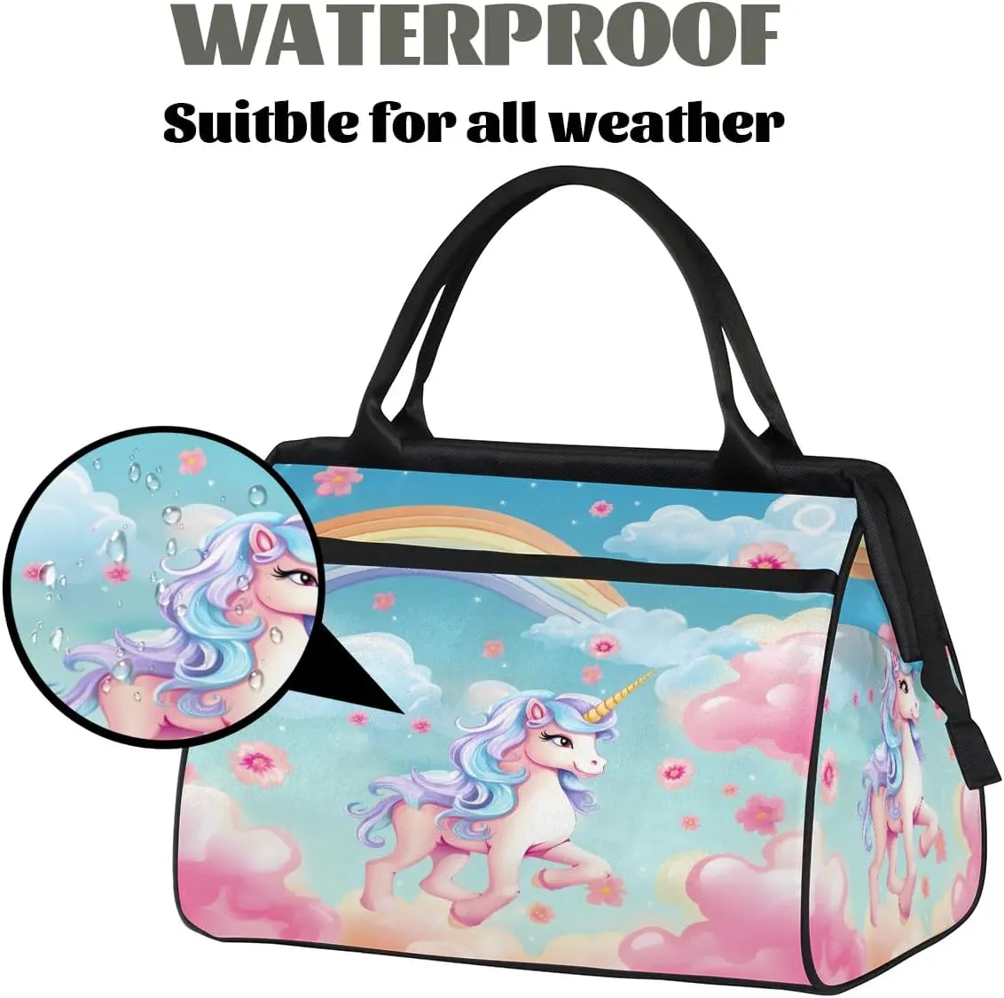 Rainbow Floral Pink Unicorn Duffelbag Waterproof Polyester Overnight Weekend Bags Fitness Travel Sports Bag Airplane Carry-on Bag for Gym Beach Travel Daily Shopping