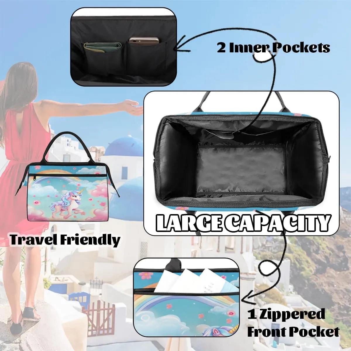 Rainbow Floral Pink Unicorn Duffelbag Waterproof Polyester Overnight Weekend Bags Fitness Travel Sports Bag Airplane Carry-on Bag for Gym Beach Travel Daily Shopping