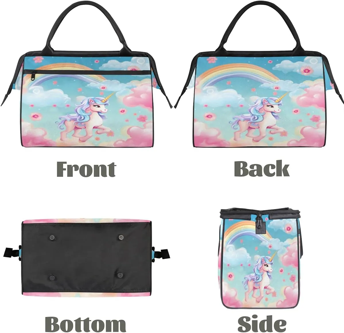 Rainbow Floral Pink Unicorn Duffelbag Waterproof Polyester Overnight Weekend Bags Fitness Travel Sports Bag Airplane Carry-on Bag for Gym Beach Travel Daily Shopping
