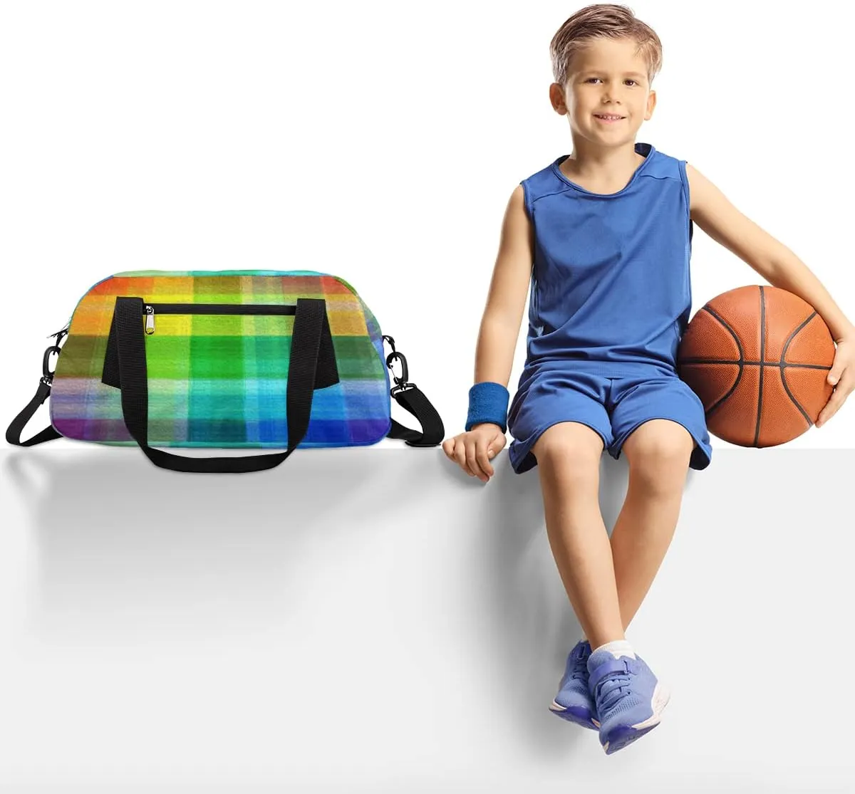 Rainbow Plaid Pattern Kids Duffel Bag for Girls Boys Teens, Rainbow Oil Painting Dance Bag Overnight Small Duffel Bag Carry On Weekend Sports Gym Travel Bag for School Practice Gymnastics Ballet