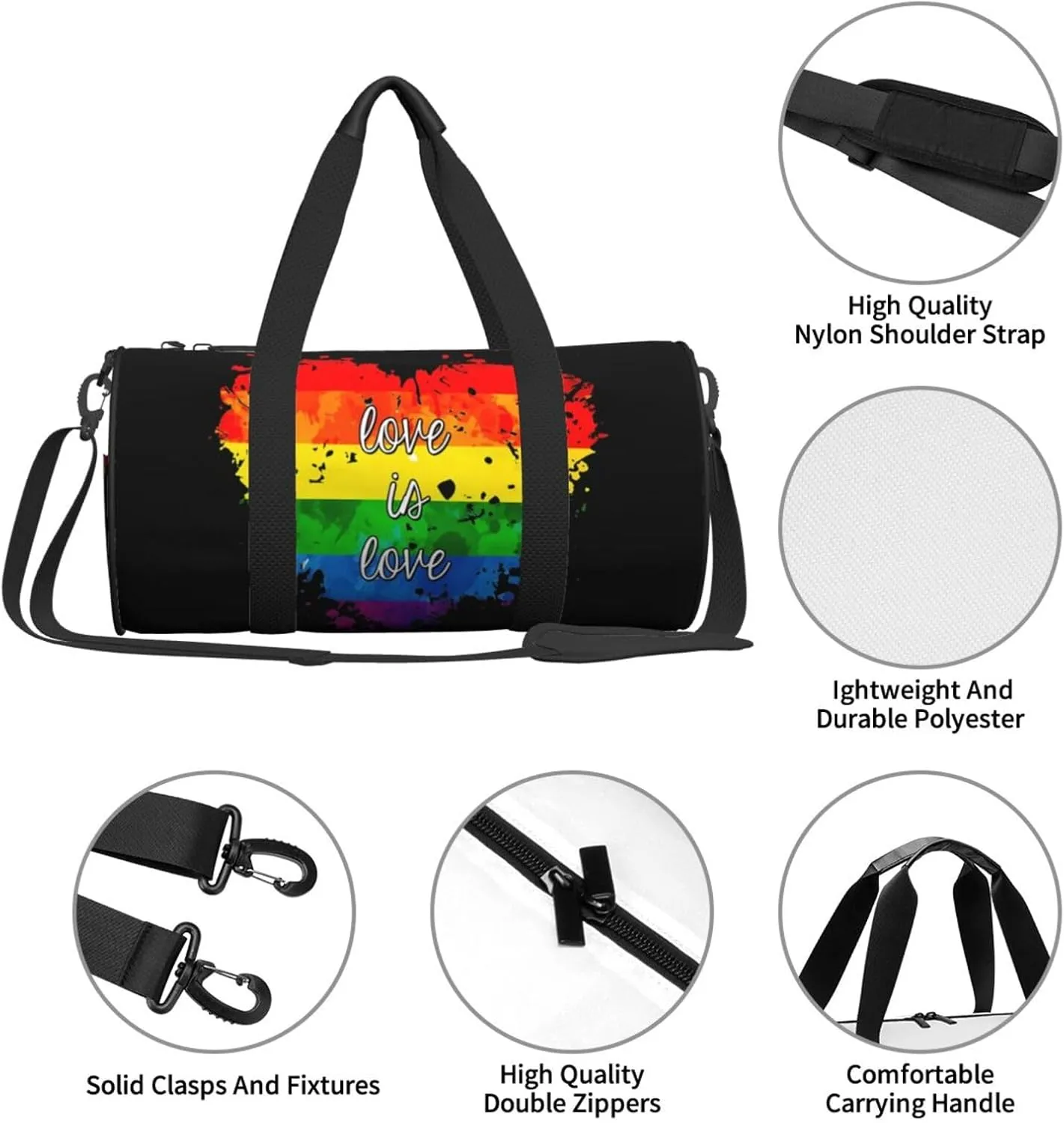 Rainbow Pride Love is love Round Travel Duffel Bag Large Capacity Gym Sports Bags for Hiking Vacation Trips