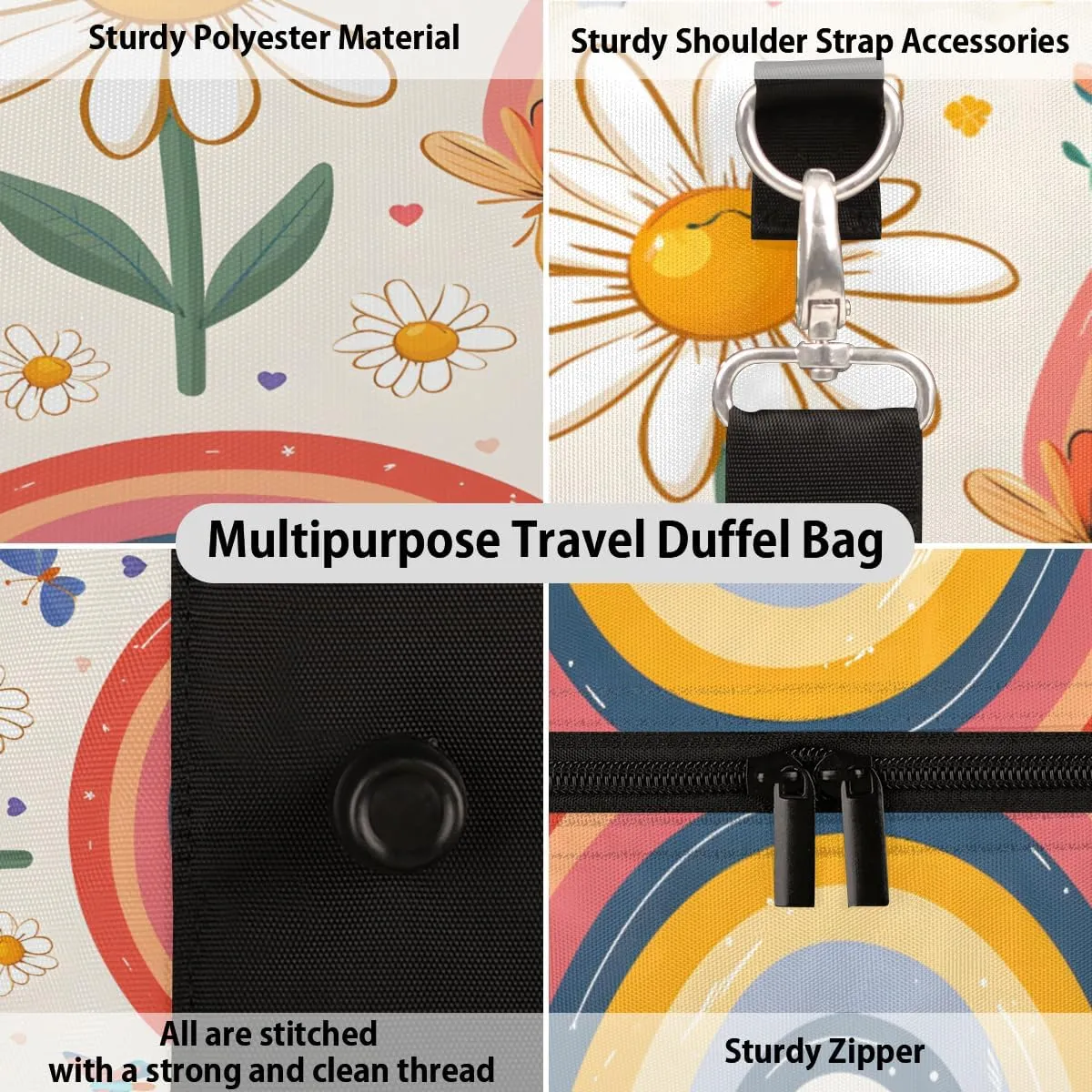 Rainbow Travel Duffle Bag, Sports Gym Bags for Women Men, Carry On Weekender Overnight Bag, Daisy Workout Hospital Airplane Trips Bag