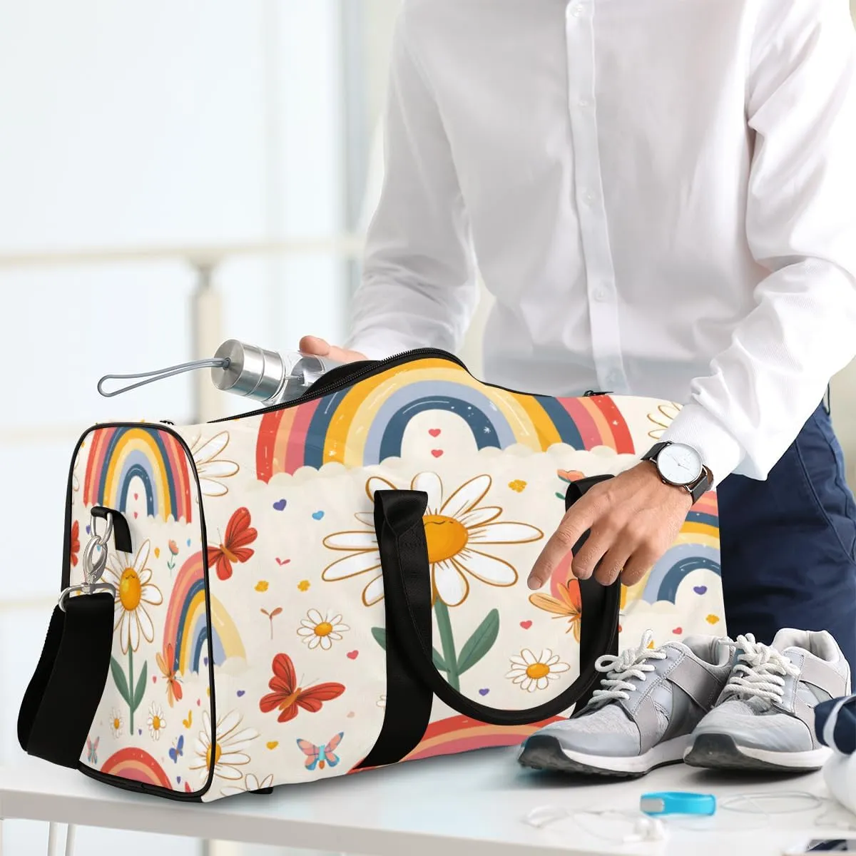 Rainbow Travel Duffle Bag, Sports Gym Bags for Women Men, Carry On Weekender Overnight Bag, Daisy Workout Hospital Airplane Trips Bag