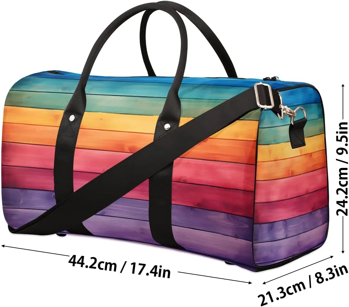 Rainbow Travel Duffle Bag, Sports Gym Bags for Women Men, Carry On Weekender Overnight Bag, Rainbow Wood Workout Hospital Airplane Trips Bag
