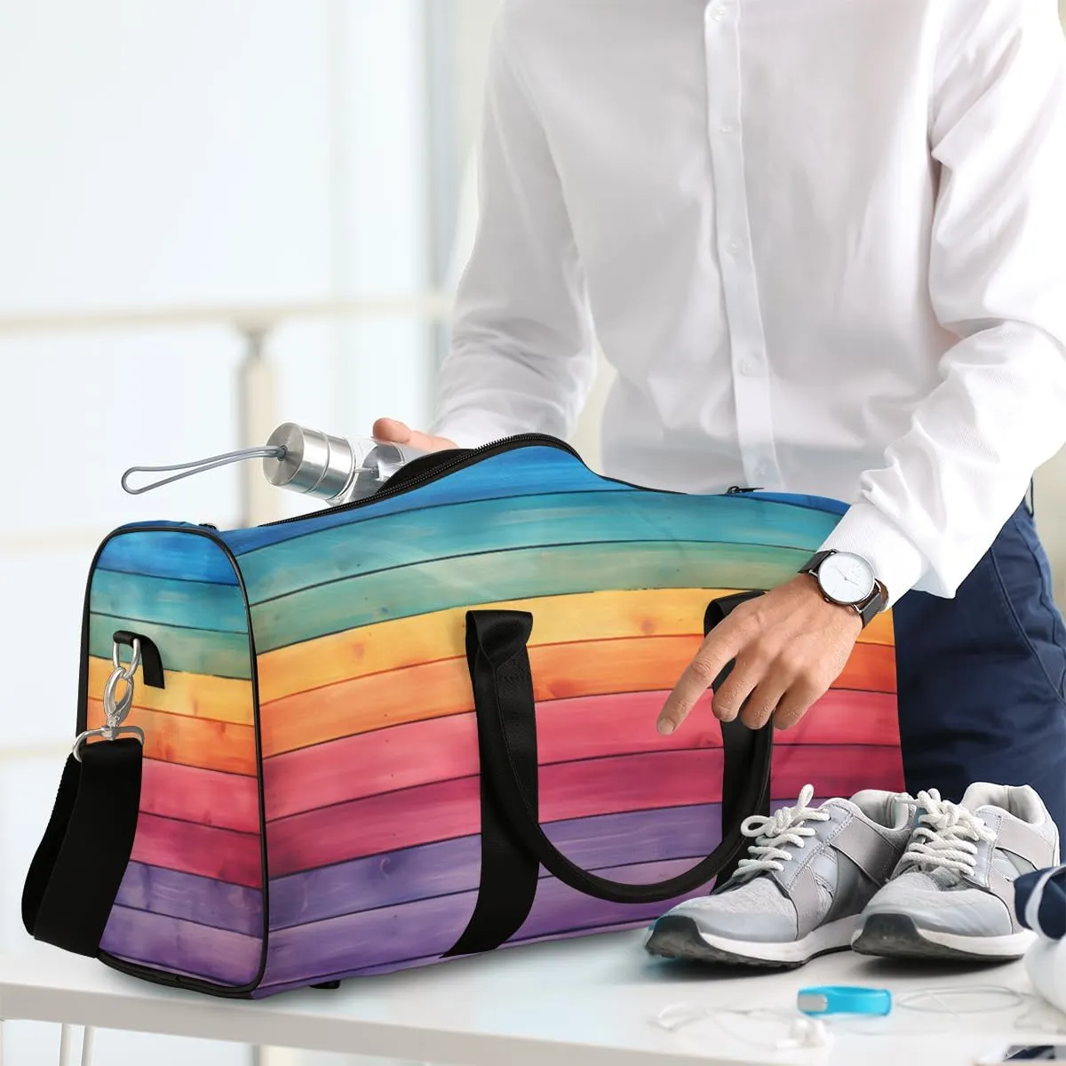 Rainbow Travel Duffle Bag, Sports Gym Bags for Women Men, Carry On Weekender Overnight Bag, Rainbow Wood Workout Hospital Airplane Trips Bag