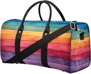 Rainbow Travel Duffle Bag, Sports Gym Bags for Women Men, Carry On Weekender Overnight Bag, Rainbow Wood Workout Hospital Airplane Trips Bag