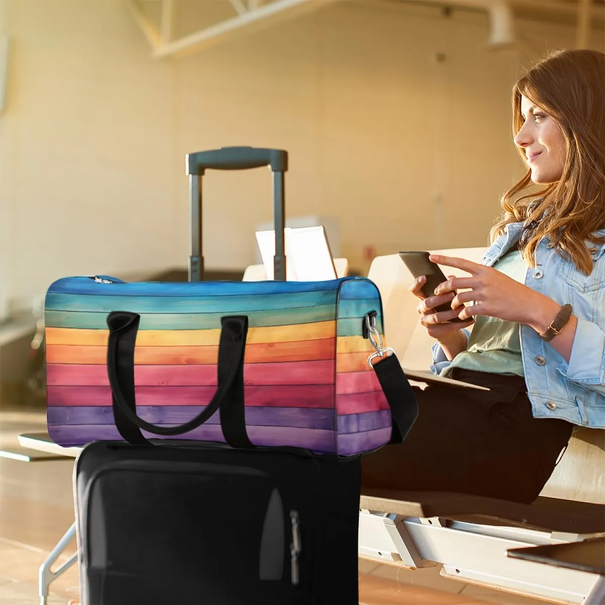 Rainbow Travel Duffle Bag, Sports Gym Bags for Women Men, Carry On Weekender Overnight Bag, Rainbow Wood Workout Hospital Airplane Trips Bag