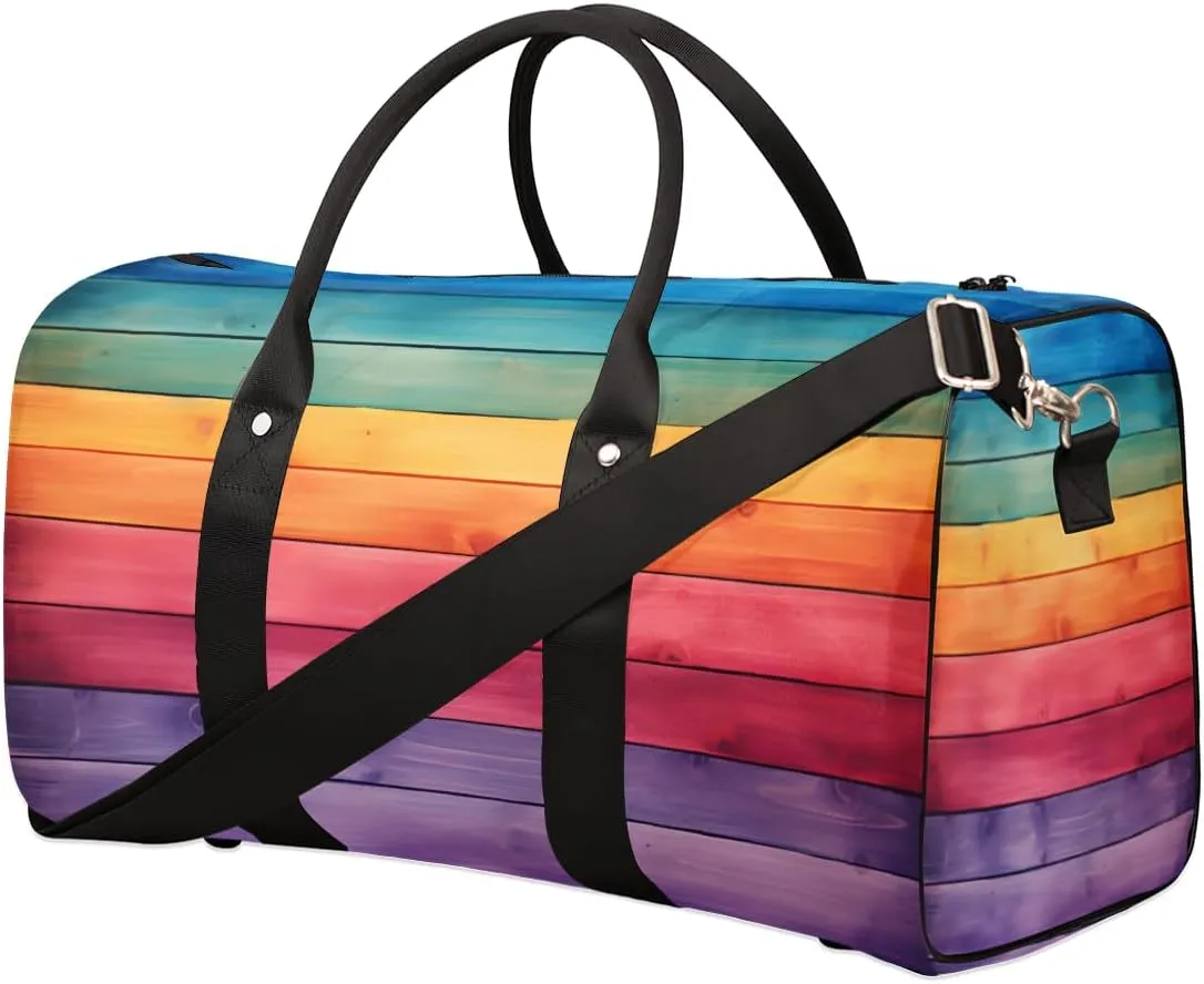 Rainbow Travel Duffle Bag, Sports Gym Bags for Women Men, Carry On Weekender Overnight Bag, Rainbow Wood Workout Hospital Airplane Trips Bag