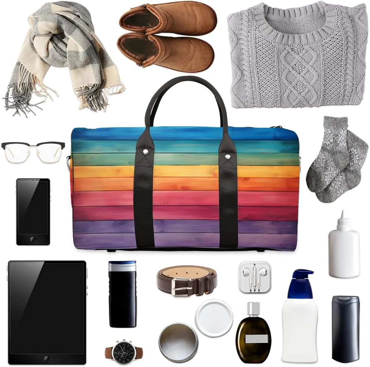 Rainbow Travel Duffle Bag, Sports Gym Bags for Women Men, Carry On Weekender Overnight Bag, Rainbow Wood Workout Hospital Airplane Trips Bag