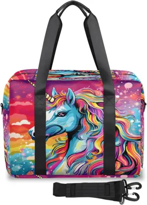 Rainbow Wand Unicorn Womens Travel Bags, Weekender Carry on for Women, Sports Gym Bag, Workout Duffel bag, Overnight Shoulder Bag