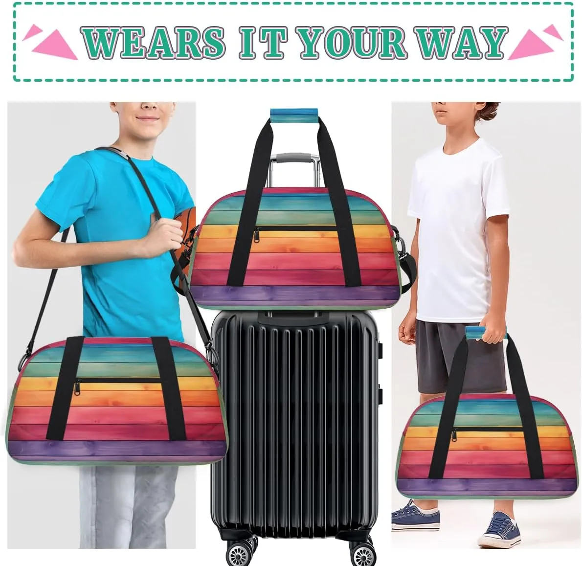 Rainbow Wood Texture Boys Girls Gym Bag Dance Perform Training Duffel Bags Weekender Carry-On Tote Luggage Bag Ideal for School Practice or Overnight Trips