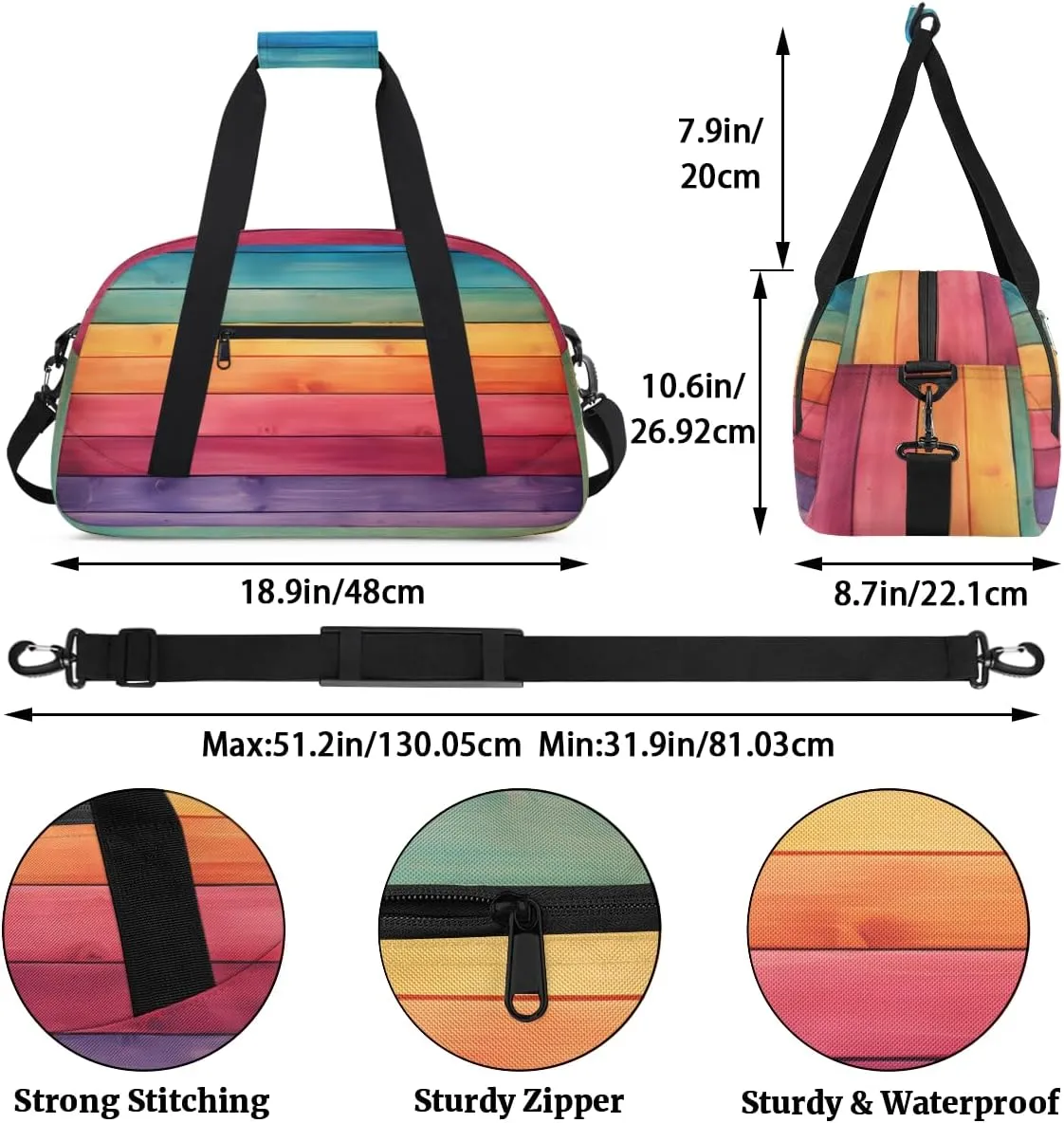 Rainbow Wood Texture Boys Girls Gym Bag Dance Perform Training Duffel Bags Weekender Carry-On Tote Luggage Bag Ideal for School Practice or Overnight Trips