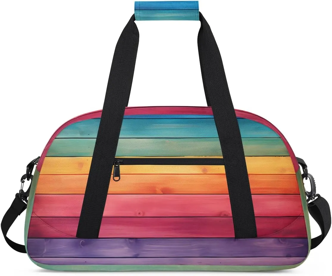 Rainbow Wood Texture Boys Girls Gym Bag Dance Perform Training Duffel Bags Weekender Carry-On Tote Luggage Bag Ideal for School Practice or Overnight Trips