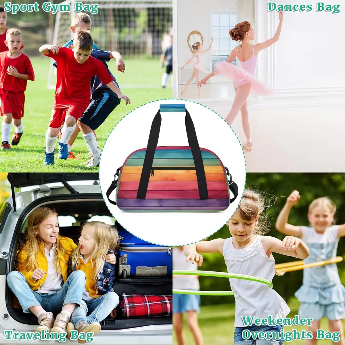 Rainbow Wood Texture Boys Girls Gym Bag Dance Perform Training Duffel Bags Weekender Carry-On Tote Luggage Bag Ideal for School Practice or Overnight Trips