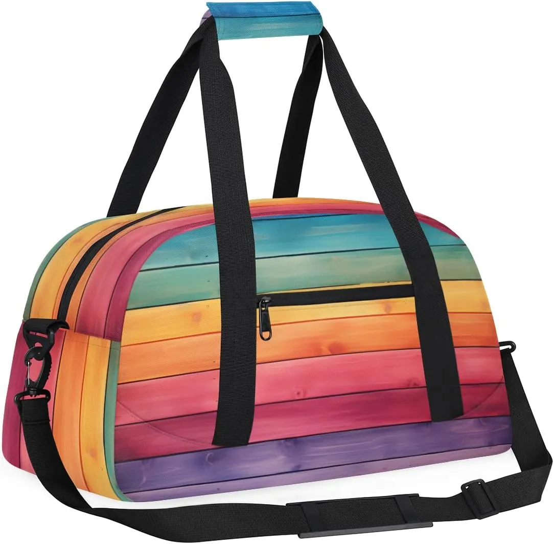 Rainbow Wood Texture Boys Girls Gym Bag Dance Perform Training Duffel Bags Weekender Carry-On Tote Luggage Bag Ideal for School Practice or Overnight Trips