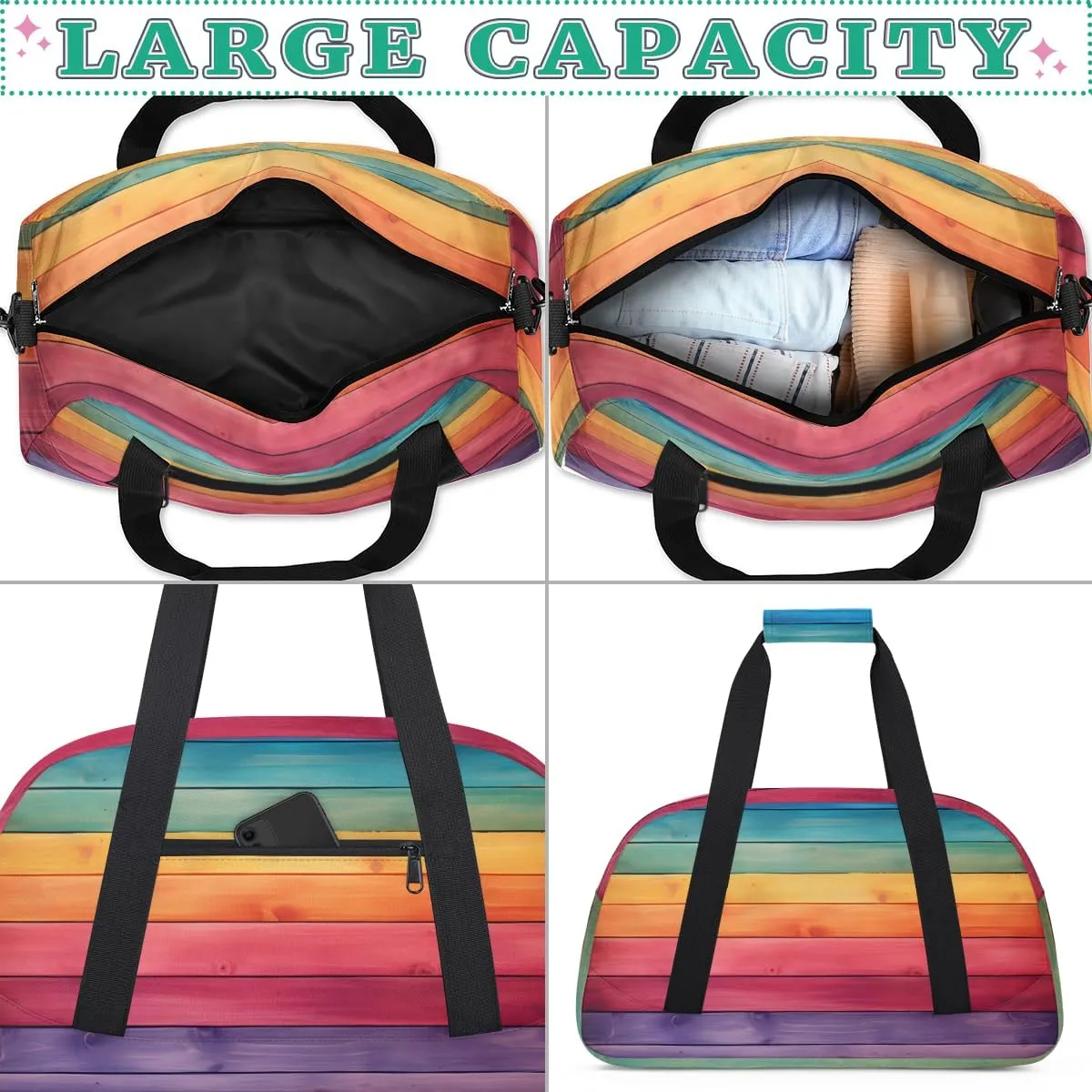 Rainbow Wood Texture Boys Girls Gym Bag Dance Perform Training Duffel Bags Weekender Carry-On Tote Luggage Bag Ideal for School Practice or Overnight Trips