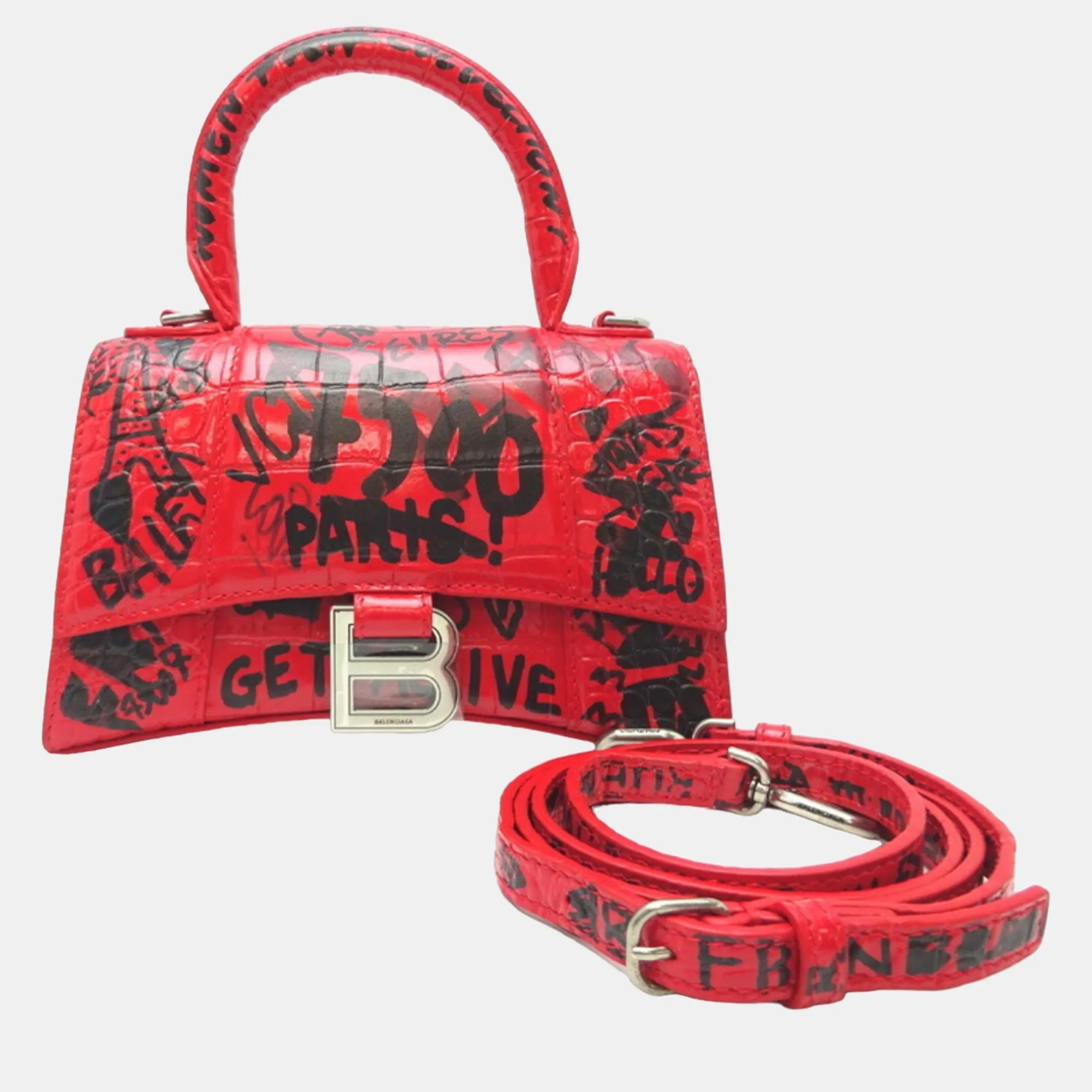 Red Leather Graffiti Hourglass XS Top Handle Bags