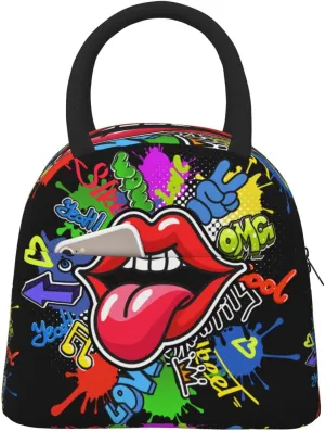 Red Lips and Tongue Graffiti Style Insulated Lunch Bag Handbag lunchbox Food Container Gourmet Tote for School Office Work Picnic Travel