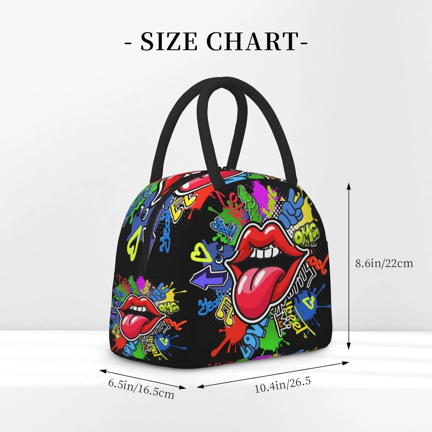 Red Lips and Tongue Graffiti Style Insulated Lunch Bag Handbag lunchbox Food Container Gourmet Tote for School Office Work Picnic Travel
