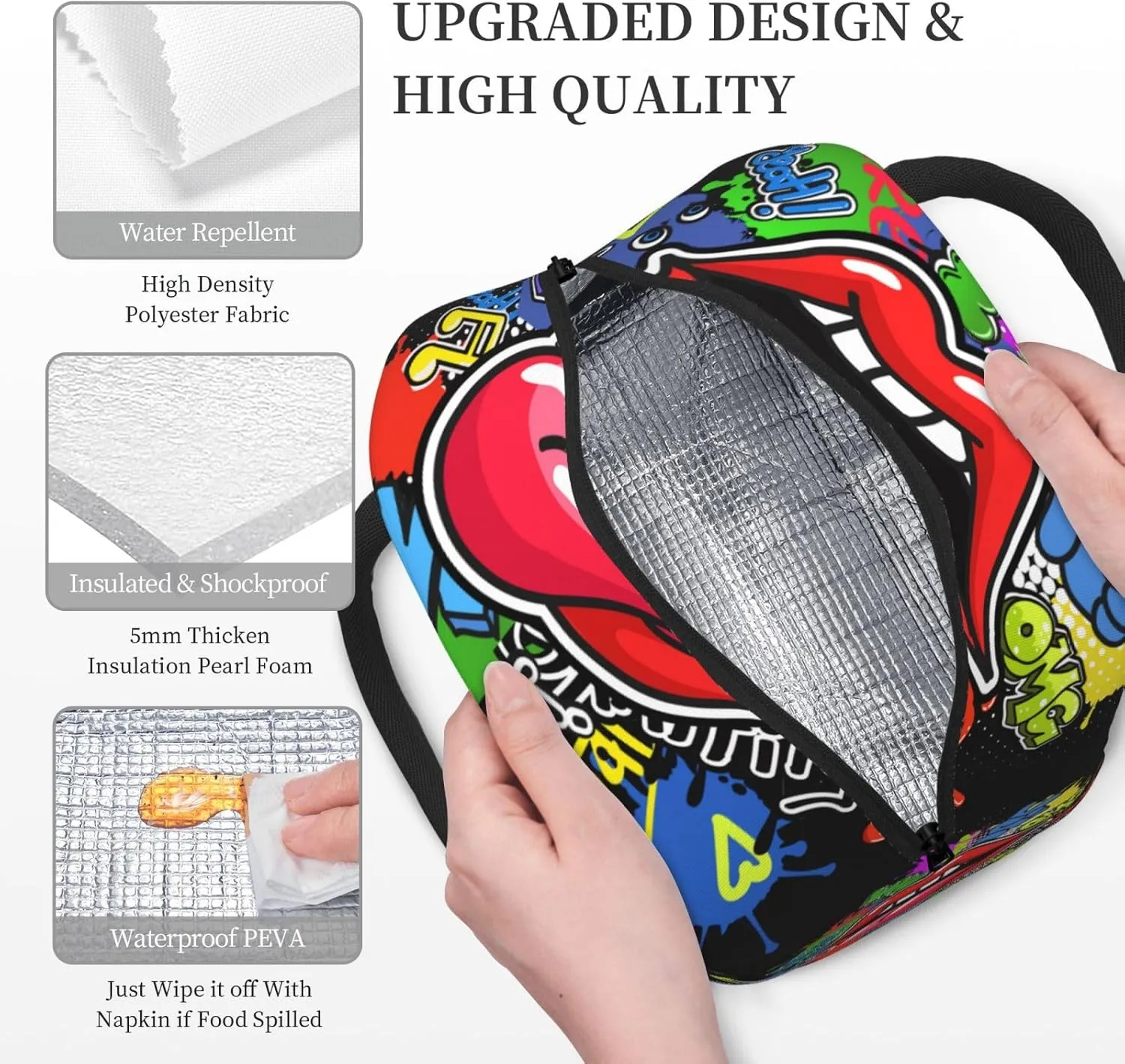 Red Lips and Tongue Graffiti Style Insulated Lunch Bag Handbag lunchbox Food Container Gourmet Tote for School Office Work Picnic Travel