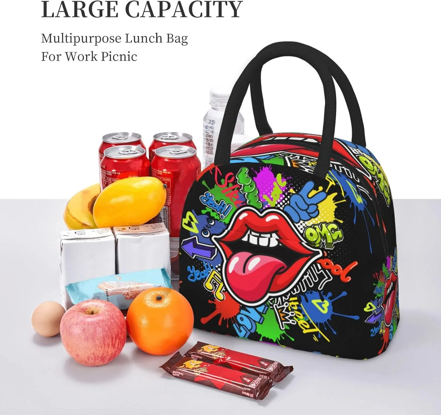Red Lips and Tongue Graffiti Style Insulated Lunch Bag Handbag lunchbox Food Container Gourmet Tote for School Office Work Picnic Travel
