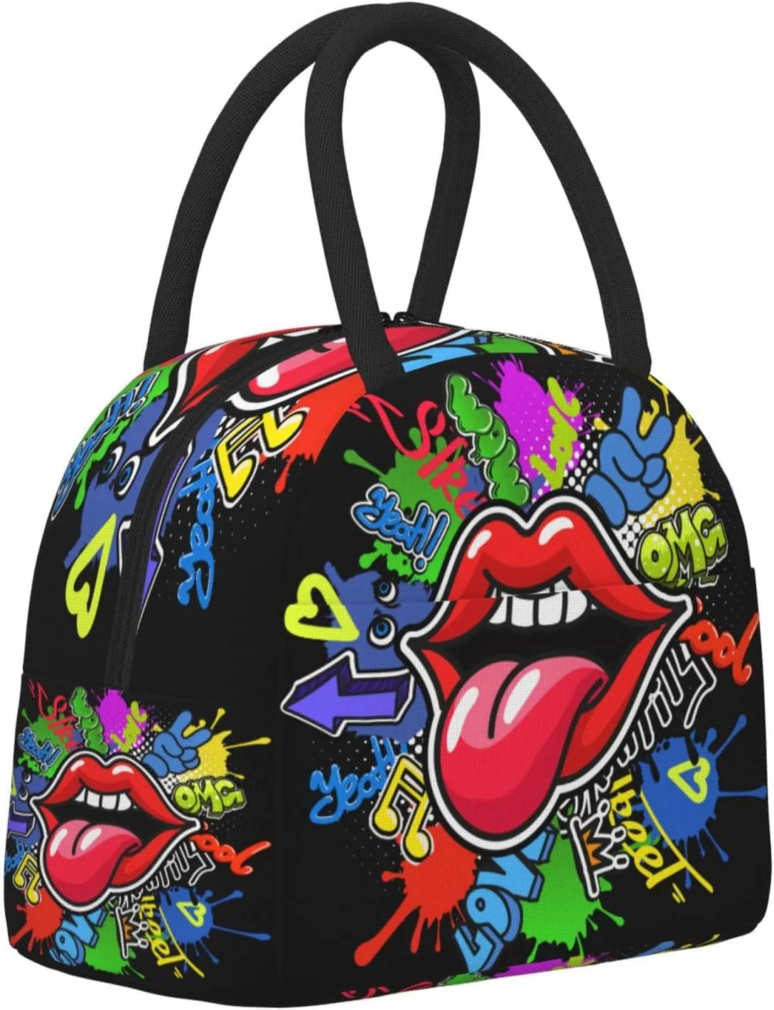 Red Lips and Tongue Graffiti Style Insulated Lunch Bag Handbag lunchbox Food Container Gourmet Tote for School Office Work Picnic Travel