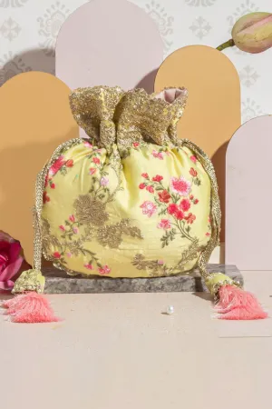 Reet Floral Embroidered Potli - Pastel Yellow