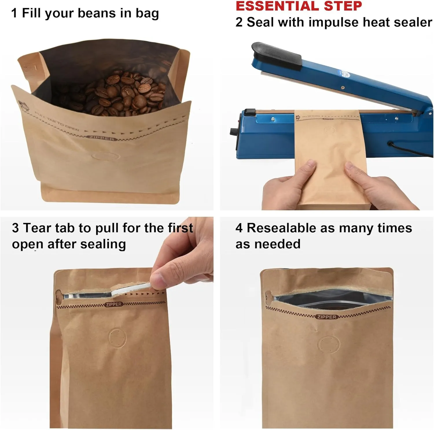 Resealable Kraft Paper Coffee Bags with Degassing Valve, Flat Bottom Side Gusset Stand Up Coffee Pouches with Zipper Lock (Pack of 100, Size for 4 oz/120 grams Coffee Beans or Ground)
