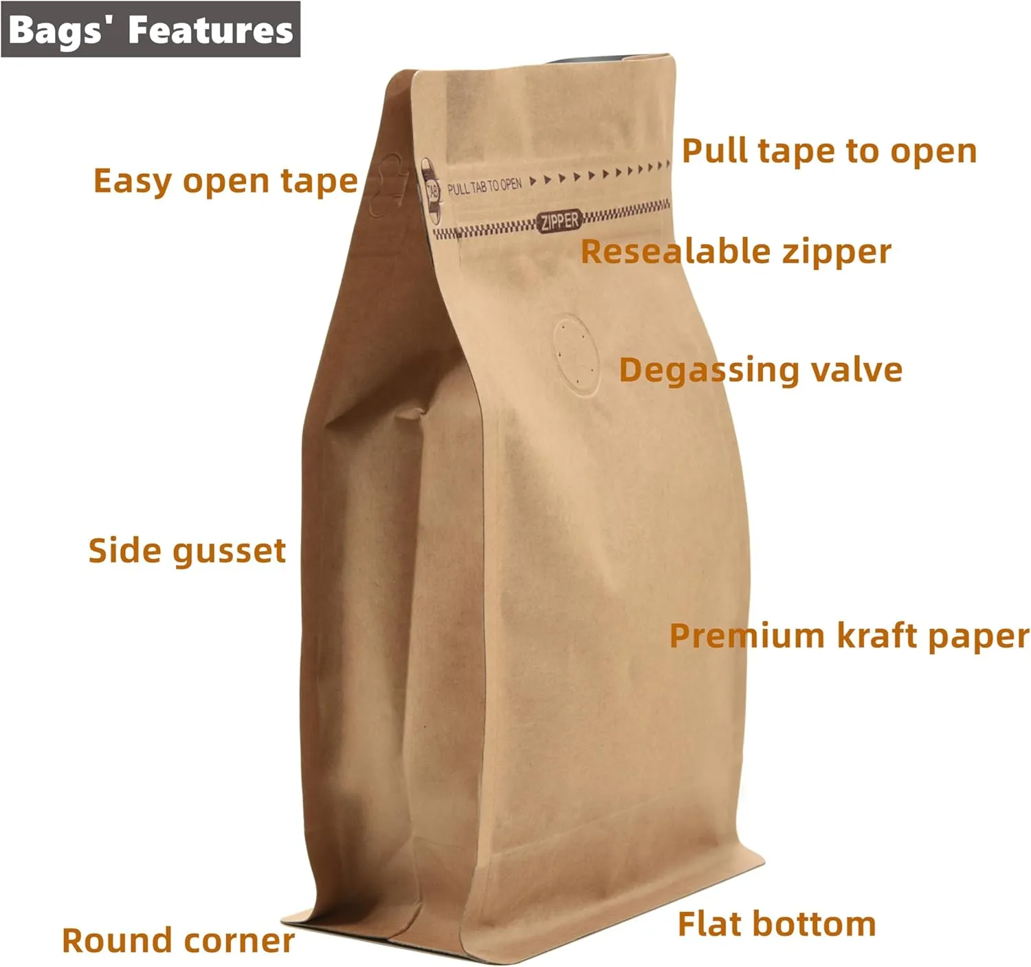 Resealable Kraft Paper Coffee Bags with Degassing Valve, Flat Bottom Side Gusset Stand Up Coffee Pouches with Zipper Lock (Pack of 100, Size for 4 oz/120 grams Coffee Beans or Ground)