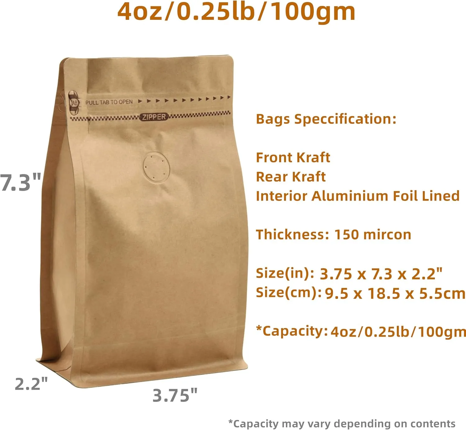 Resealable Kraft Paper Coffee Bags with Degassing Valve, Flat Bottom Side Gusset Stand Up Coffee Pouches with Zipper Lock (Pack of 100, Size for 4 oz/120 grams Coffee Beans or Ground)