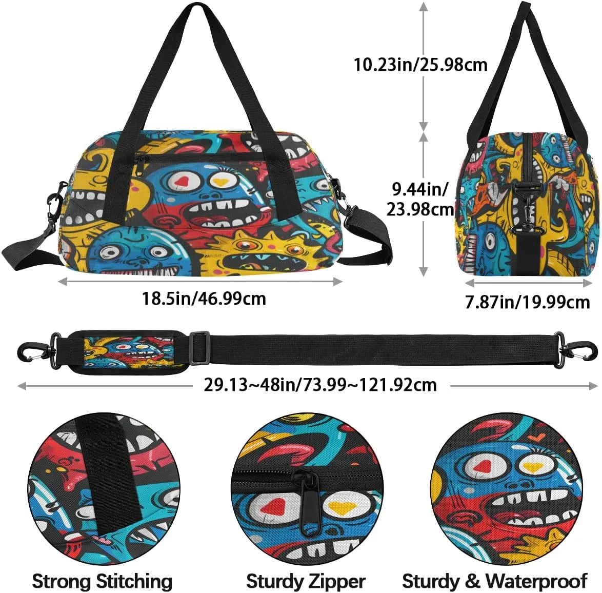 Retro Monster Graffiti Kids Duffle Bag Boys Girls Small Sport Dance Gym Bag for Overnight Travel Weekender Carry On