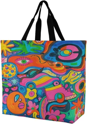 Reusable Grocery Shopping Cloth Bags Graffiti Art Hippie Style Print Shoulder Tote Bag Fashionable Tote Handbag for Work Beach Travel Shopping