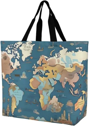 Reusable Shopping Bags World Map Pattern Grocery Bag Foldable Washable Tote Bag