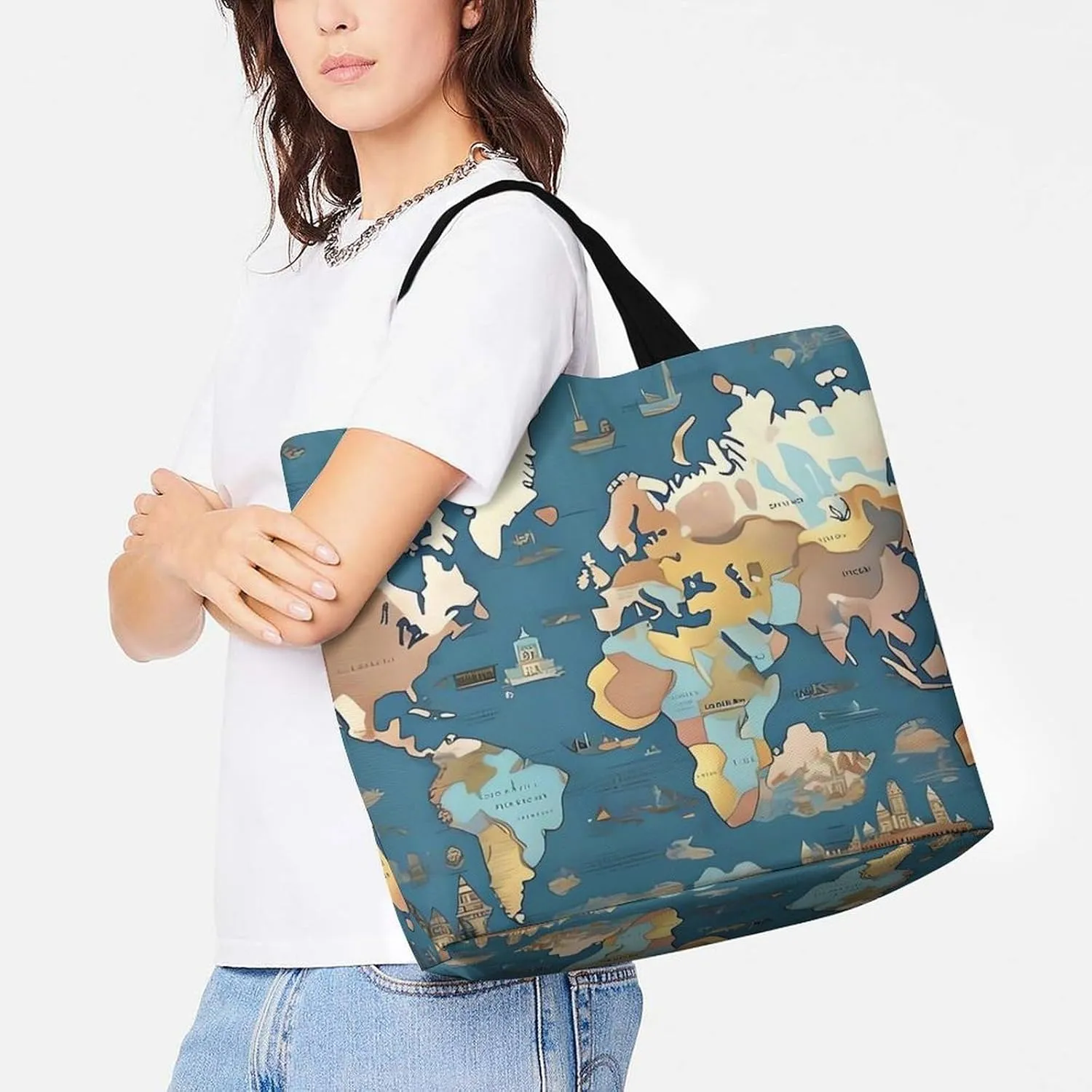 Reusable Shopping Bags World Map Pattern Grocery Bag Foldable Washable Tote Bag