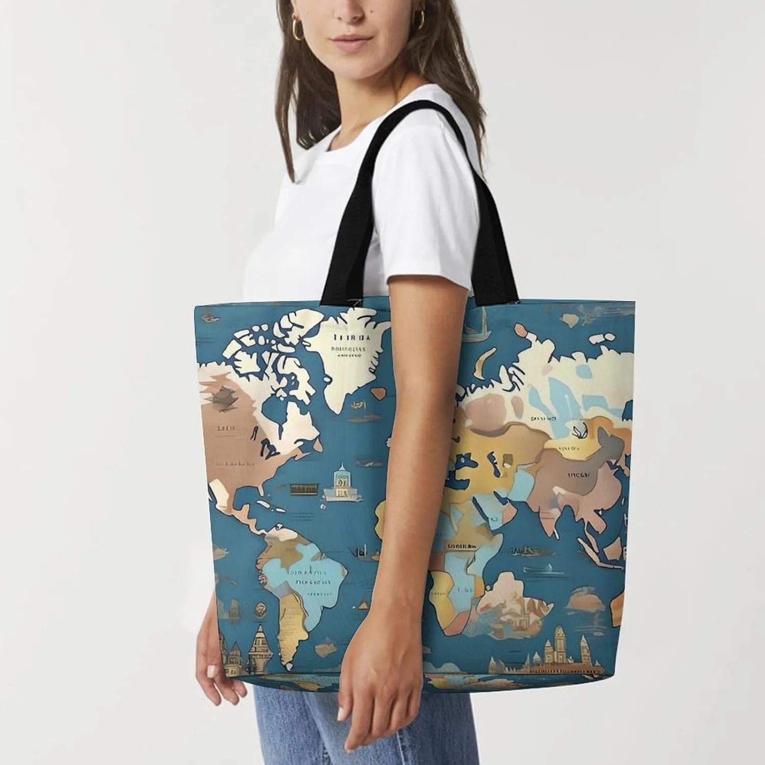 Reusable Shopping Bags World Map Pattern Grocery Bag Foldable Washable Tote Bag