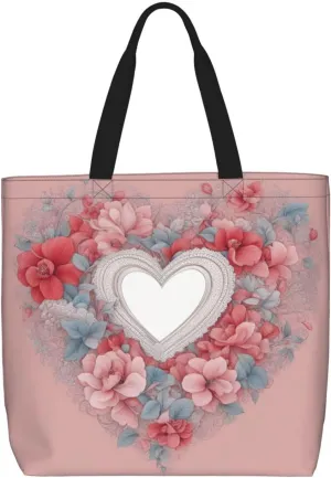 Romantic Heart Print Women Reuseable Handbag, Grocery Bag Foldable For Shopping Travel Activity