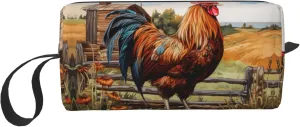 Rooster on Wood in Farmland print Travel Toiletry Pouch, Pencil Bag Canvas Makeup Bag, Multi-Purpose Cosmetic Bag with Zipper
