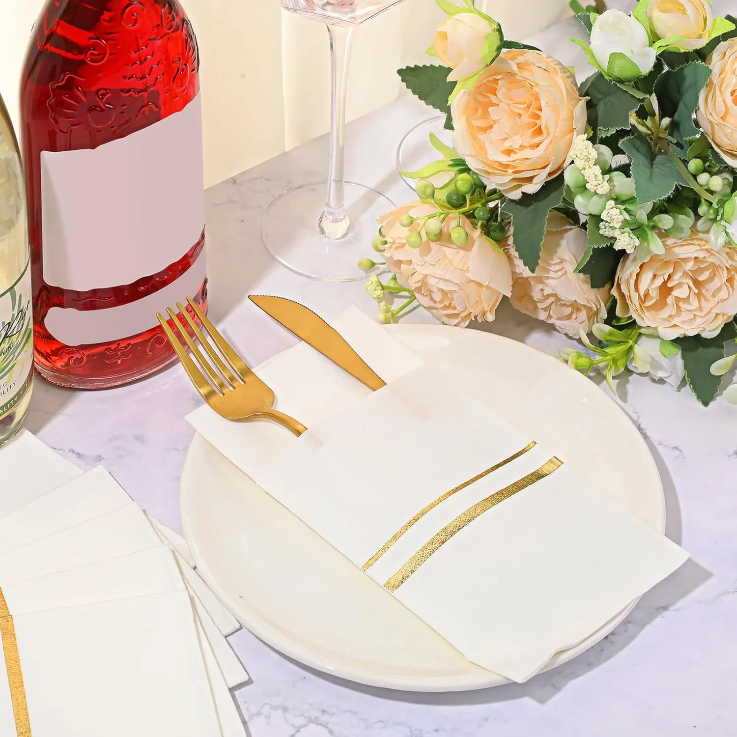 Roshtia 50 Pack Dinner Napkins Disposable Linen Feel Dinner Napkins with Built-in Flatware Pocket Gold Trim Lined Pre Folded Paper for Wedding Party (White,Gold)