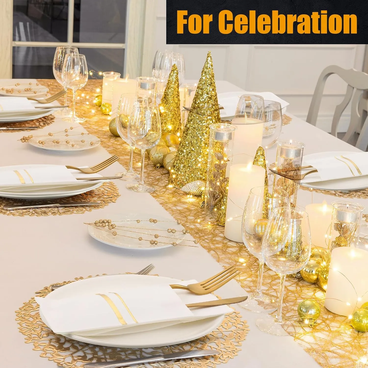 Roshtia 50 Pack Dinner Napkins Disposable Linen Feel Dinner Napkins with Built-in Flatware Pocket Gold Trim Lined Pre Folded Paper for Wedding Party (White,Gold)