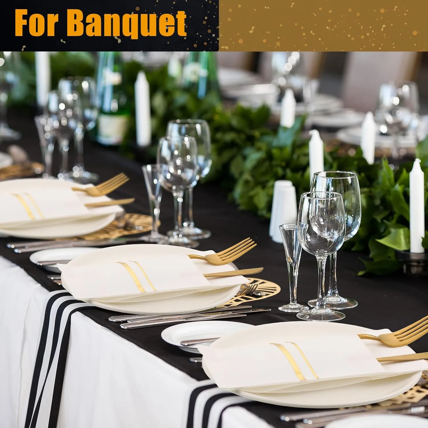Roshtia 50 Pack Dinner Napkins Disposable Linen Feel Dinner Napkins with Built-in Flatware Pocket Gold Trim Lined Pre Folded Paper for Wedding Party (White,Gold)