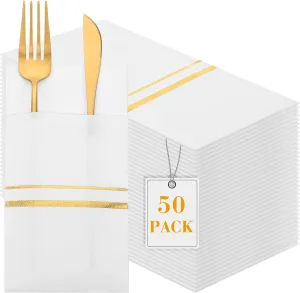 Roshtia 50 Pack Dinner Napkins Disposable Linen Feel Dinner Napkins with Built-in Flatware Pocket Gold Trim Lined Pre Folded Paper for Wedding Party (White,Gold)