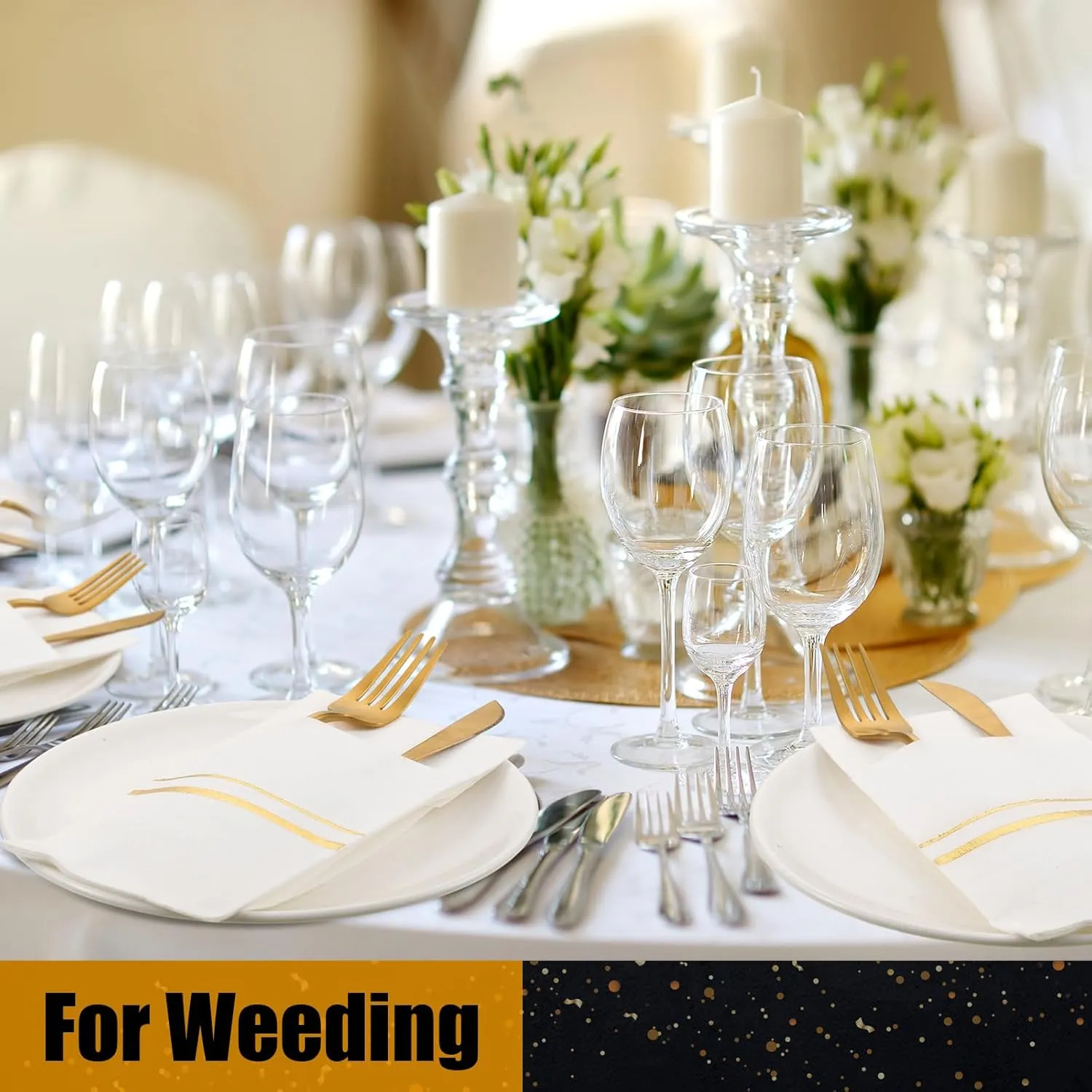 Roshtia 50 Pack Dinner Napkins Disposable Linen Feel Dinner Napkins with Built-in Flatware Pocket Gold Trim Lined Pre Folded Paper for Wedding Party (White,Gold)