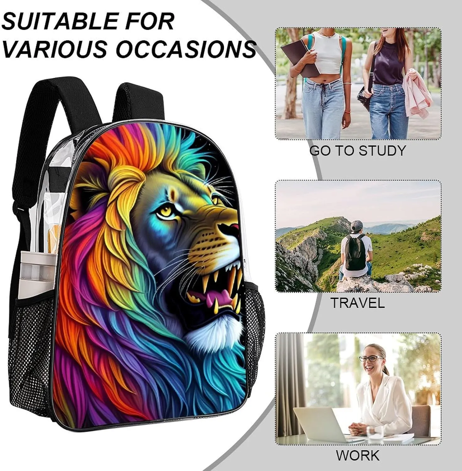 Rucksack Anti-Theft Multipurpose Large Capacity Carry On Bag - Cool Lion In The Universe Surreal Style Splatter Art Travel Hiking Day Pack Transparent Bag