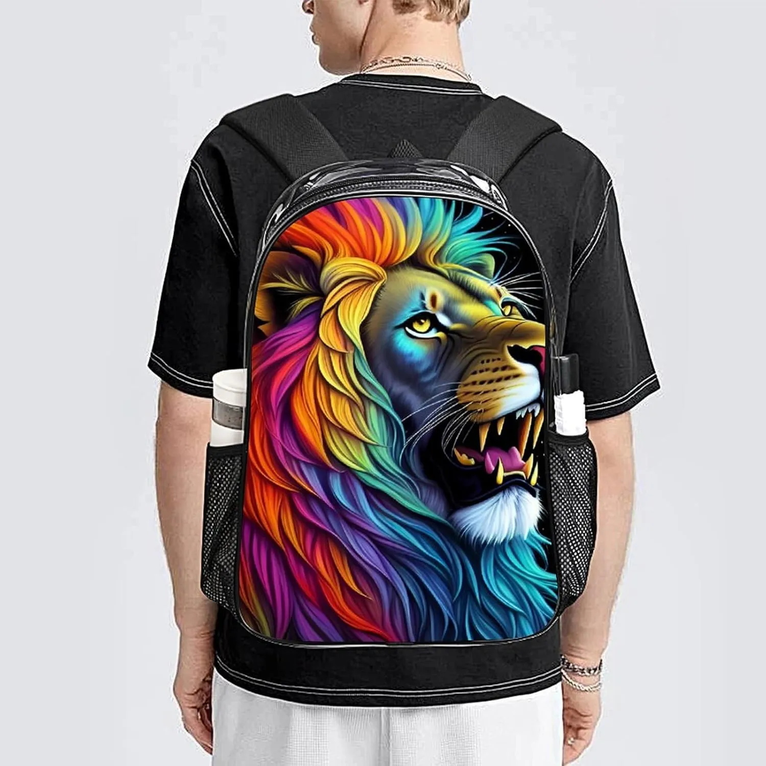 Rucksack Anti-Theft Multipurpose Large Capacity Carry On Bag - Cool Lion In The Universe Surreal Style Splatter Art Travel Hiking Day Pack Transparent Bag