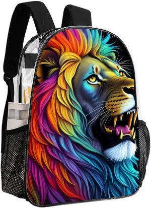 Rucksack Anti-Theft Multipurpose Large Capacity Carry On Bag - Cool Lion In The Universe Surreal Style Splatter Art Travel Hiking Day Pack Transparent Bag