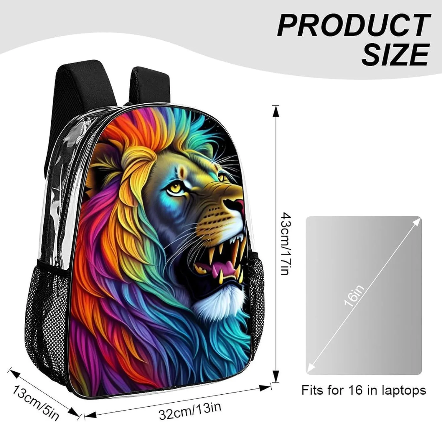 Rucksack Anti-Theft Multipurpose Large Capacity Carry On Bag - Cool Lion In The Universe Surreal Style Splatter Art Travel Hiking Day Pack Transparent Bag
