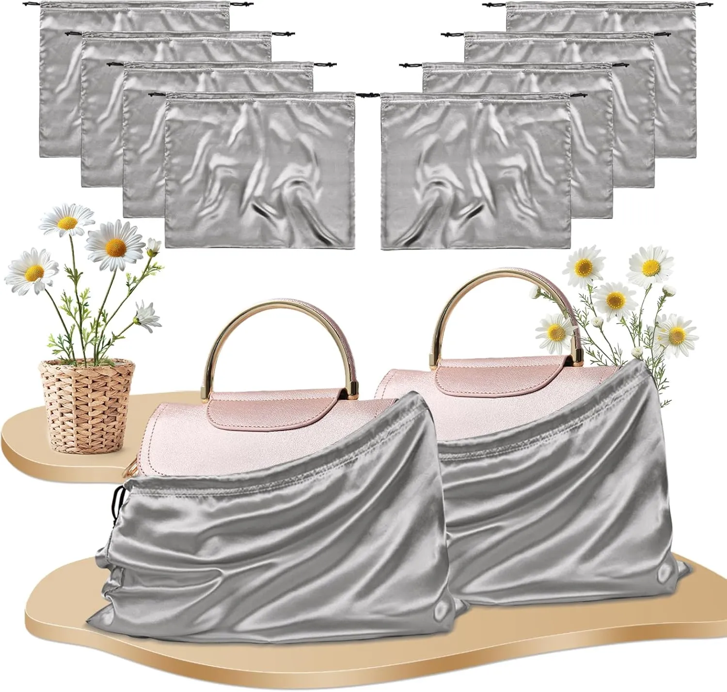 Rudong M 8 Pack Satin Dust Bags: Silky Dust Cover with Drawstring, Light Gray Purse Bags for Storage, Travel Pouch Clothes Shoes