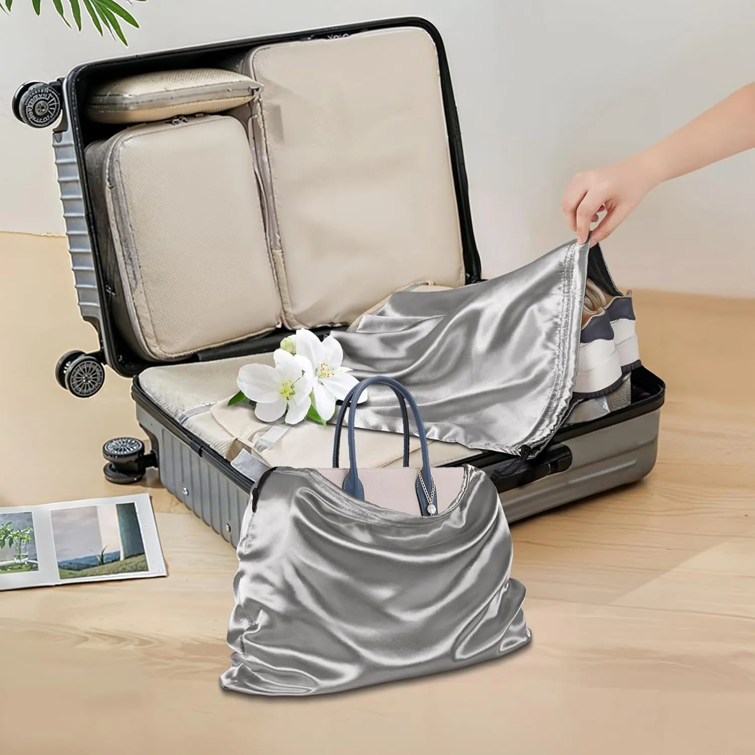 Rudong M 8 Pack Satin Dust Bags: Silky Dust Cover with Drawstring, Light Gray Purse Bags for Storage, Travel Pouch Clothes Shoes